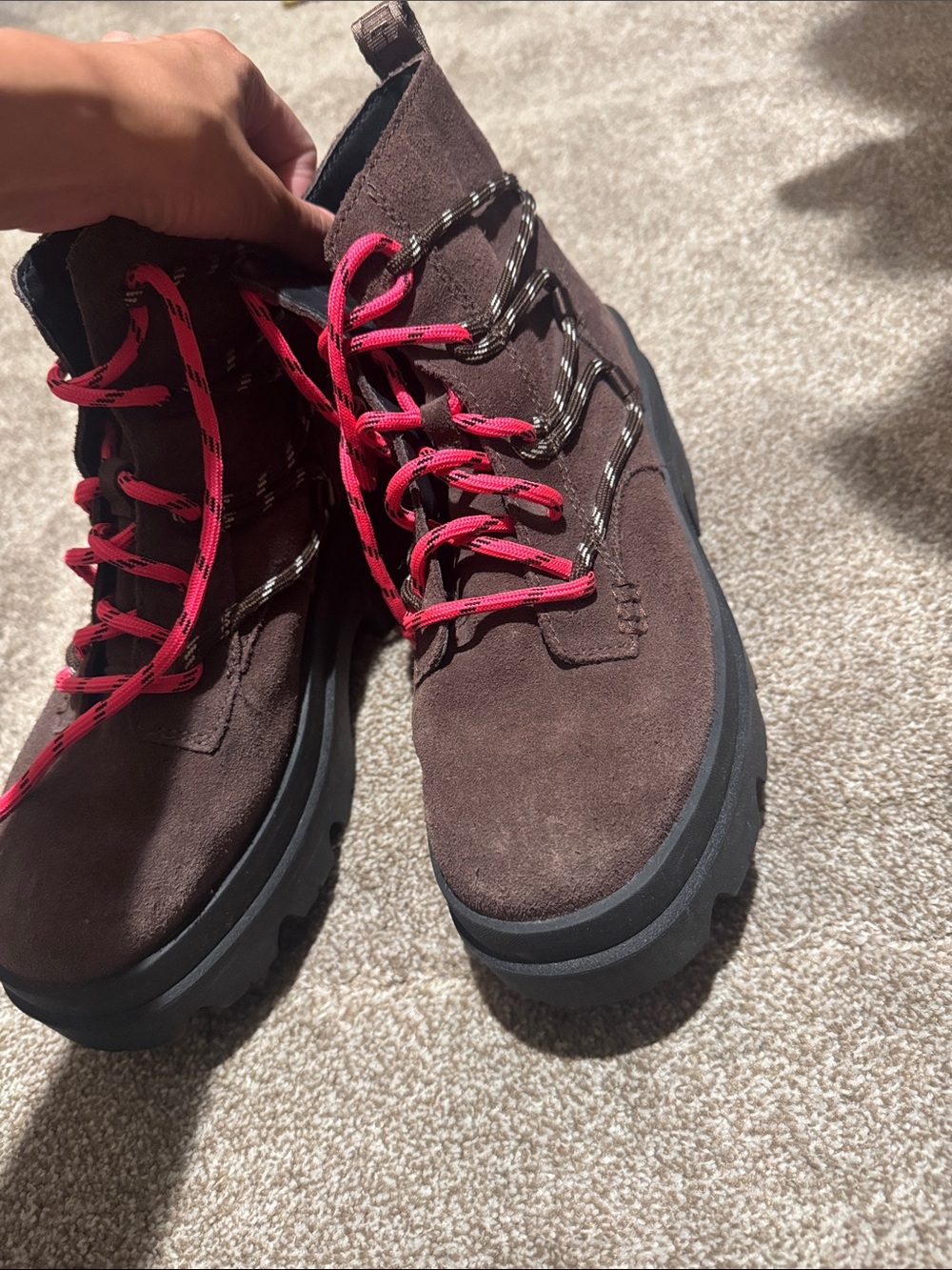 UGG Brown Suede Platform Hiking Boots with Pink Laces